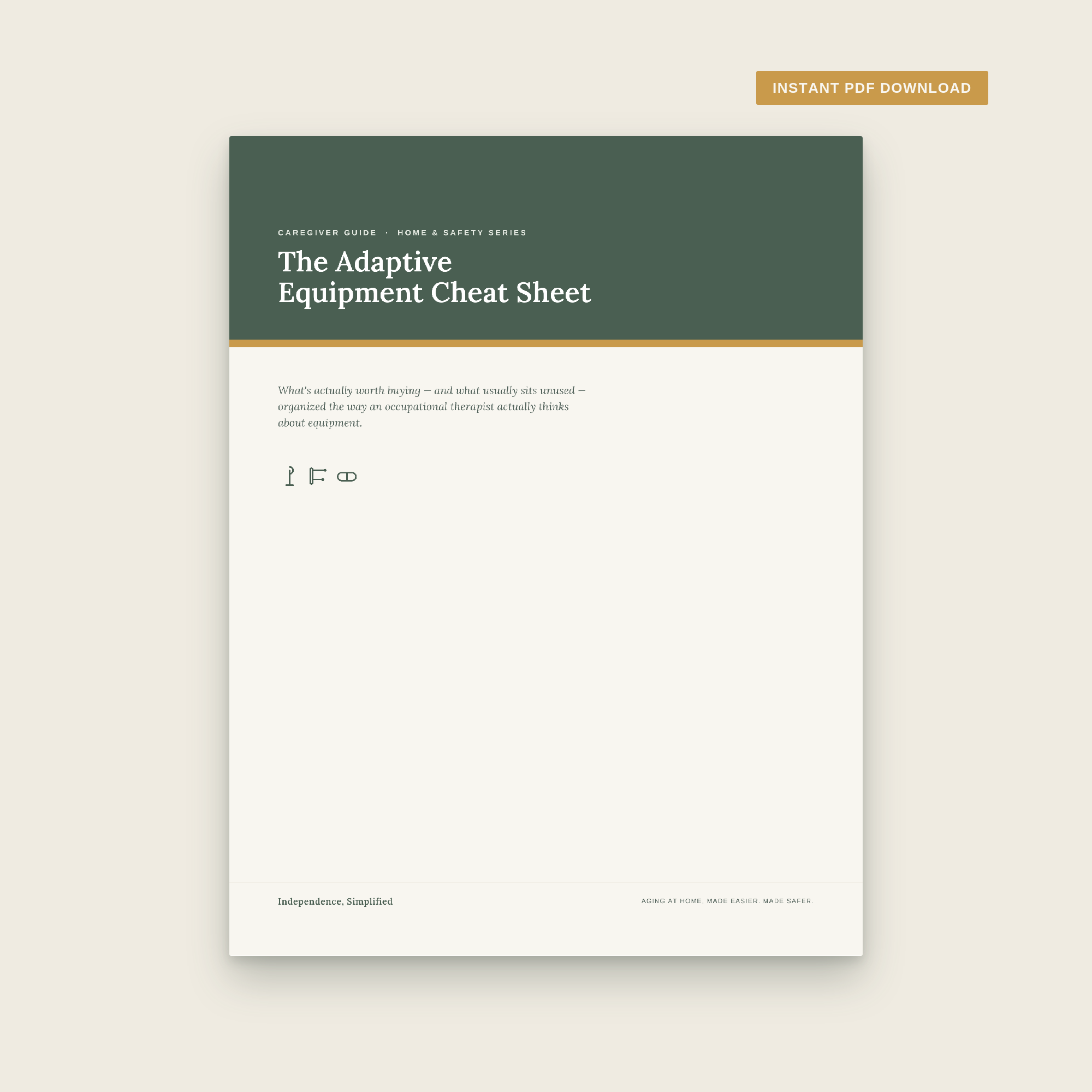Cover of The Adaptive Equipment Cheat Sheet, an OT-written guide to common equipment for older adults and caregivers.