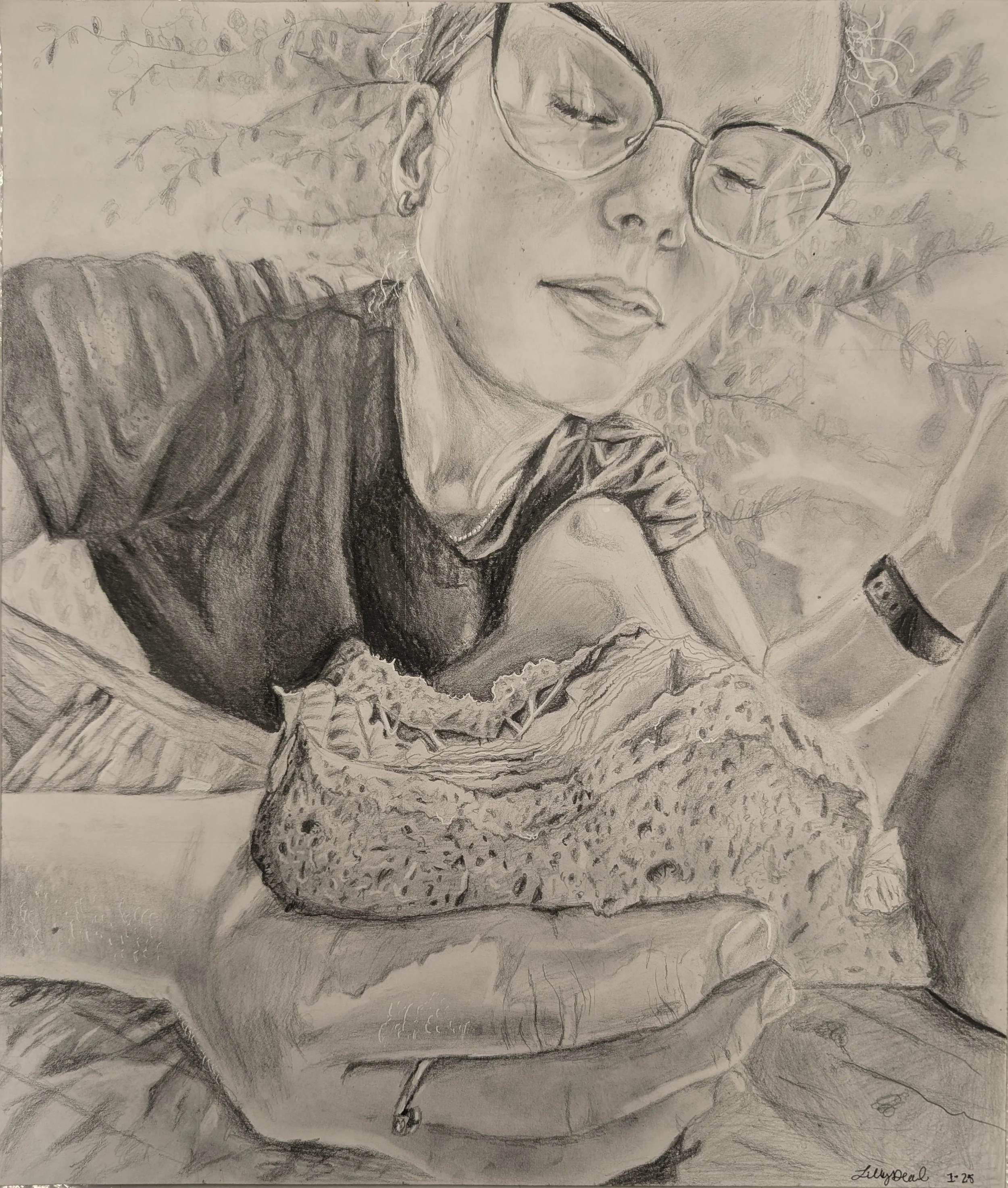 A realistic graphite pencil drawing of a woman with glasses, closed eyes, and a calm expression, surrounded by detailed leaves and natural elements, with her hand holding a phone.