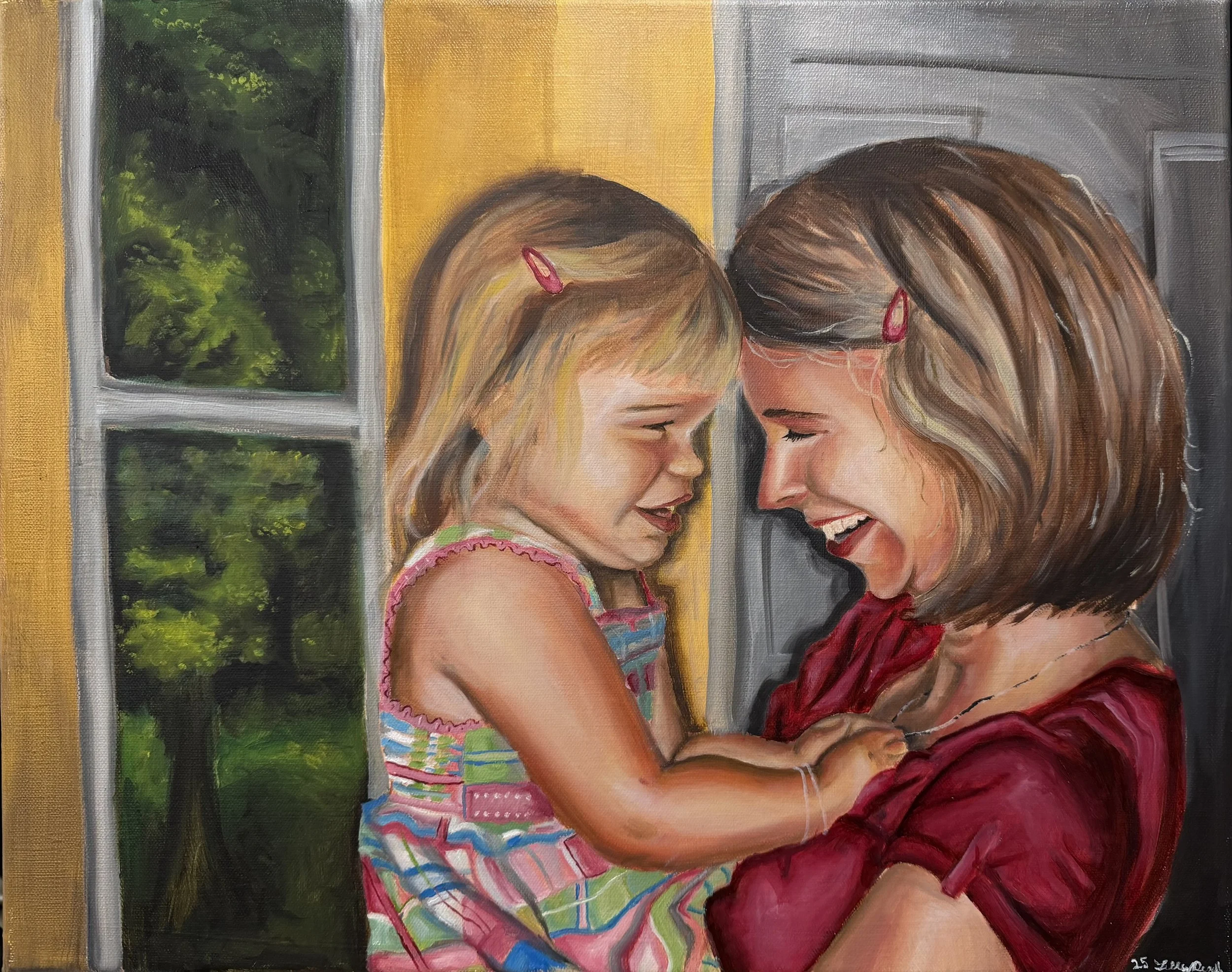 A painting of two young girls with brown hair, smiling and touching foreheads, standing near a window with green foliage outside.
