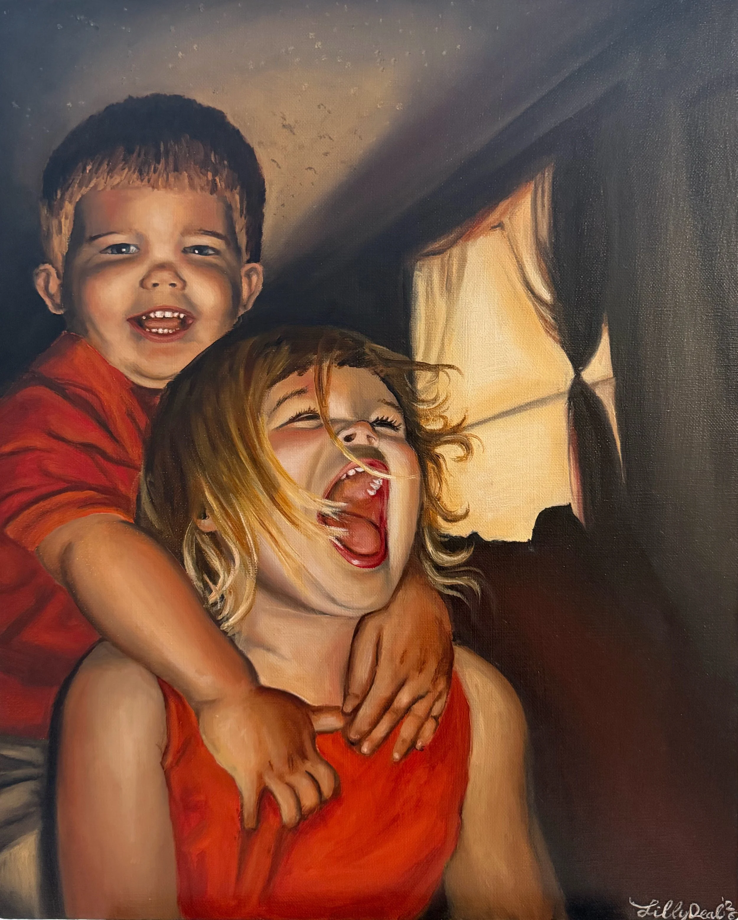 Painting of two happy children, a boy and a girl, smiling and laughing, with the boy leaning on the girl's shoulder. The girl has curly hair and the boy has short, dark hair. Both are wearing red clothing. The background is dark, and there is an arti