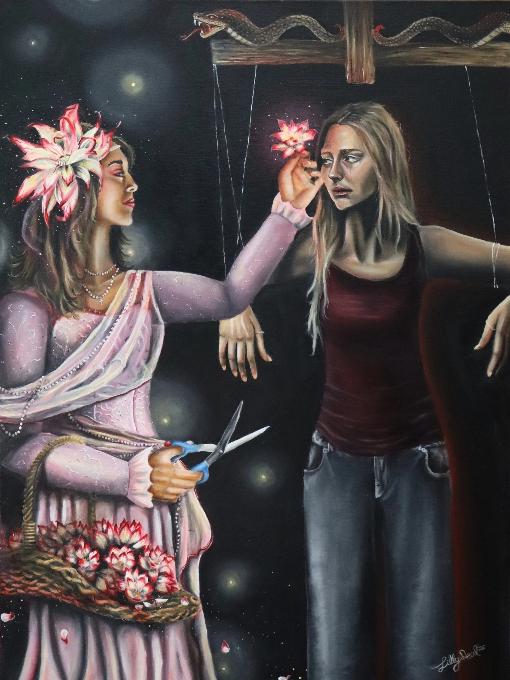 A detailed painting depicting two women against a starry night sky. One woman with a floral headpiece and pearls is holding a pair of scissors, appearing to cut a flower held by the other woman with long hair, who looks pensive. There is a wooden str