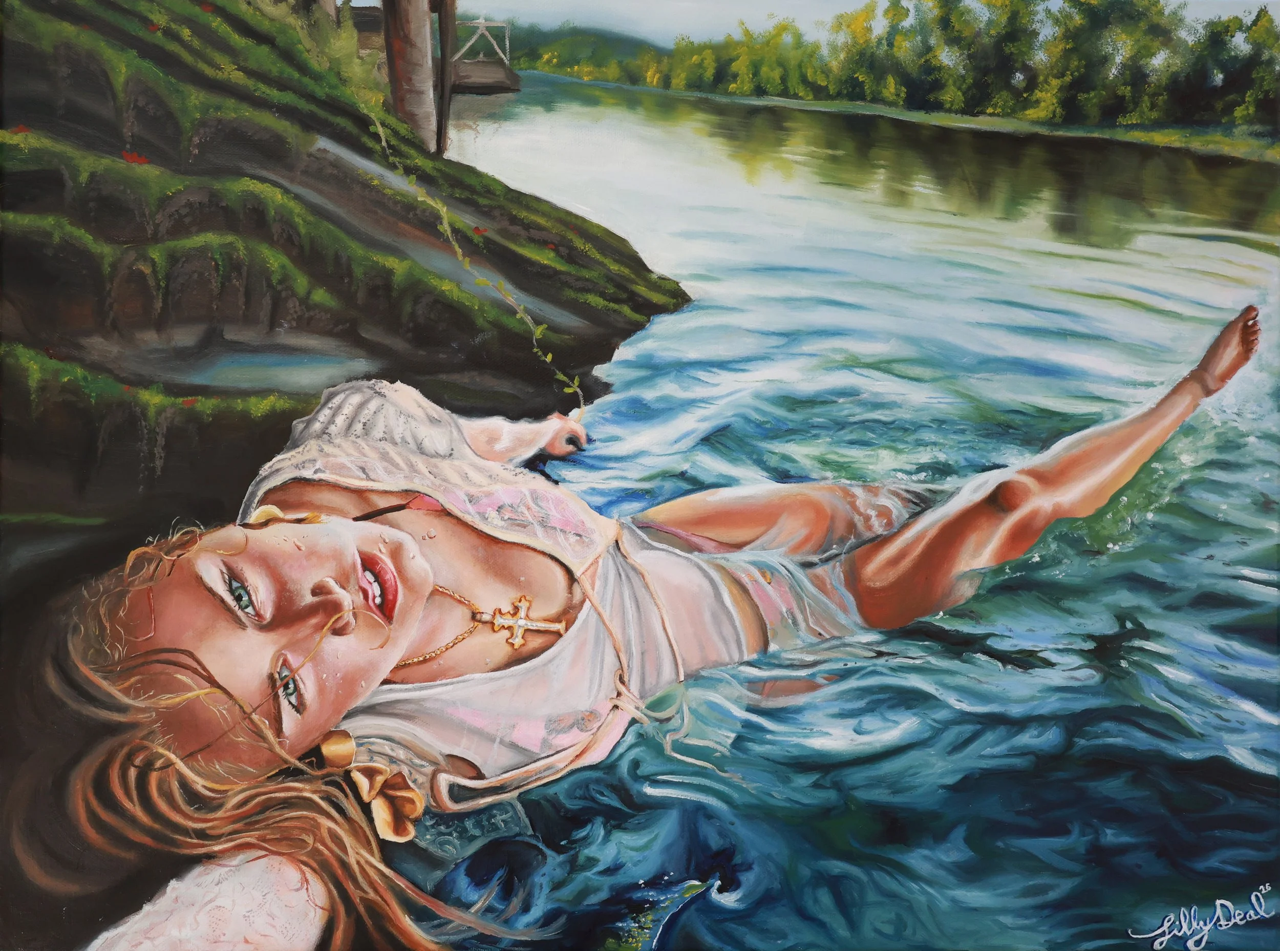 A realistic painting of a woman lying on her back in a body of water near a rocky, moss-covered shoreline with trees in the background. She has long, wavy hair, wears jewelry, and appears relaxed.