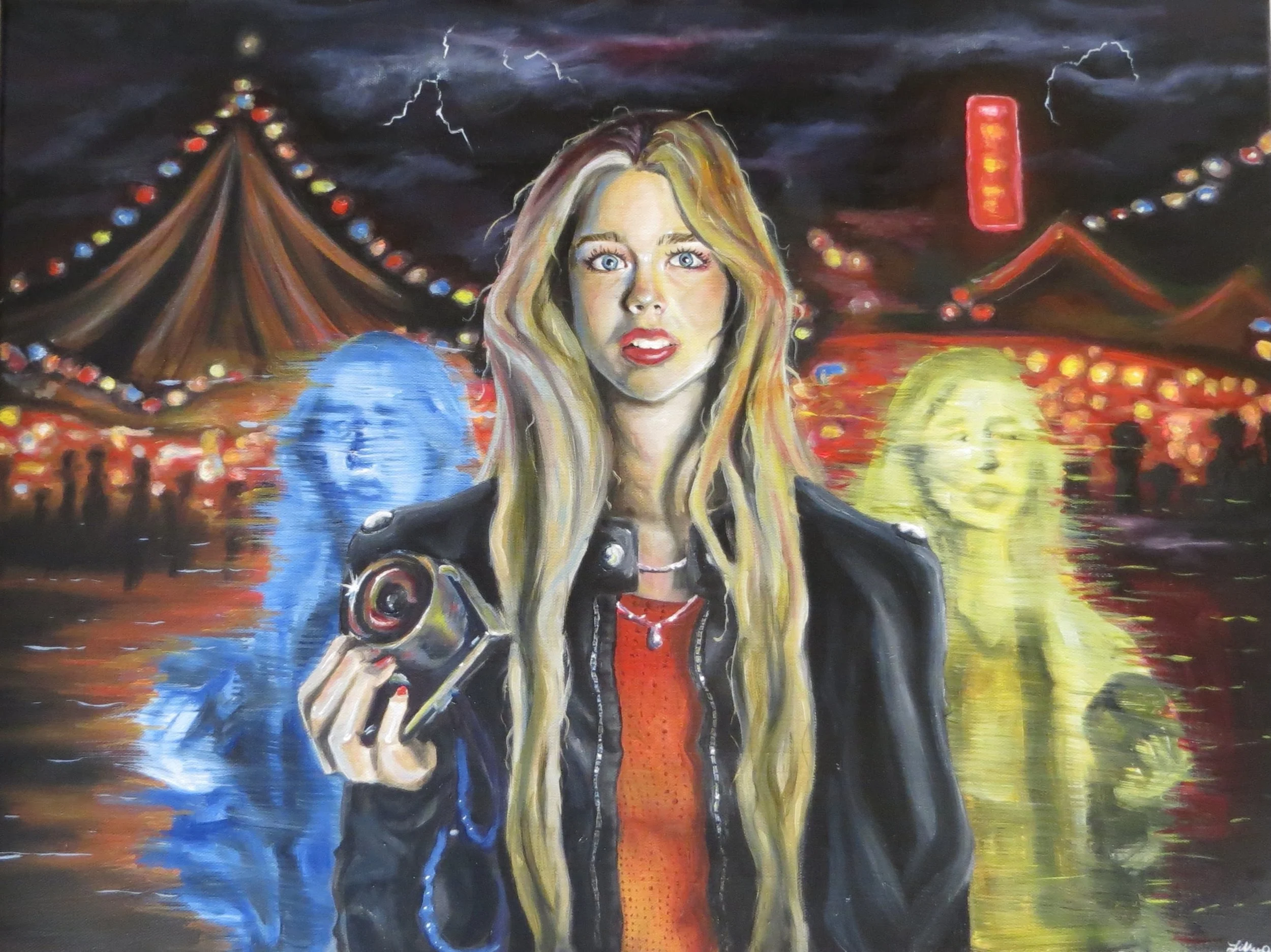 A colorful painting of a woman with long blonde hair and bright blue eyes, standing in front of a carnival scene with tents, bright lights, and a dark, stormy sky with lightning.