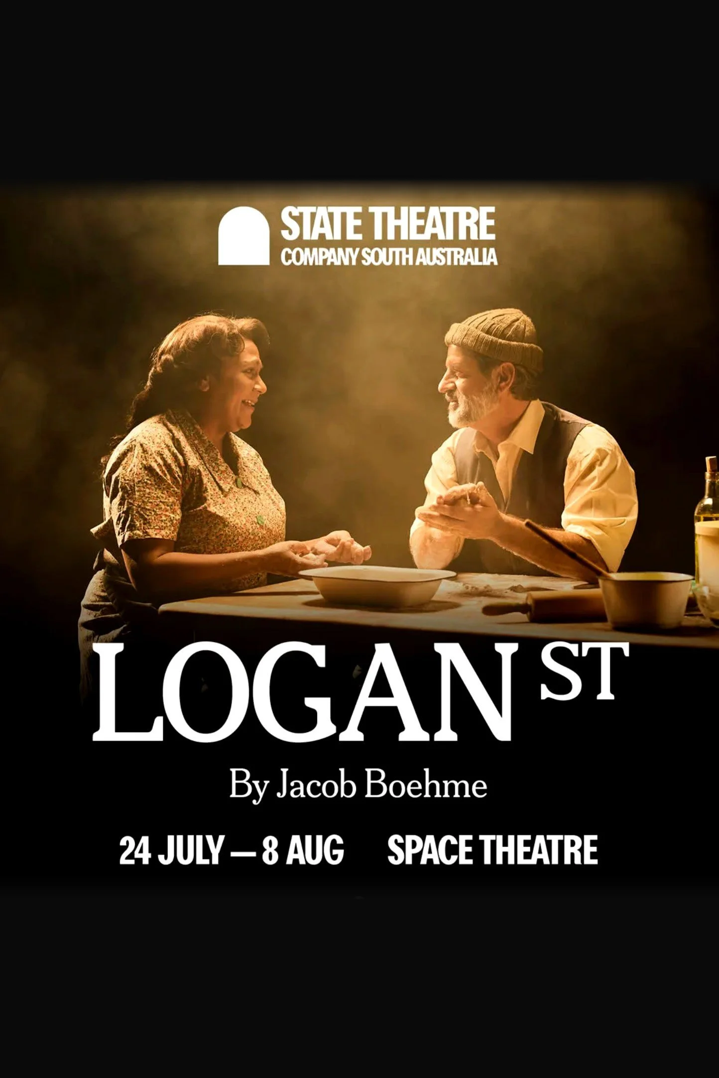 Poster for a theatrical production titled 'Logan St', written and directed by Jacob Boehme.