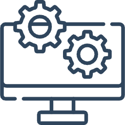 Icon of a computer monitor with two interconnected gears inside, representing system settings or technical configuration.