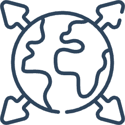 Outline of a globe with four arrows pointing outward in different directions.