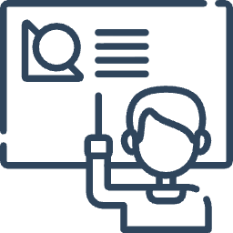Illustration of a person presenting information on a large screen with charts and text