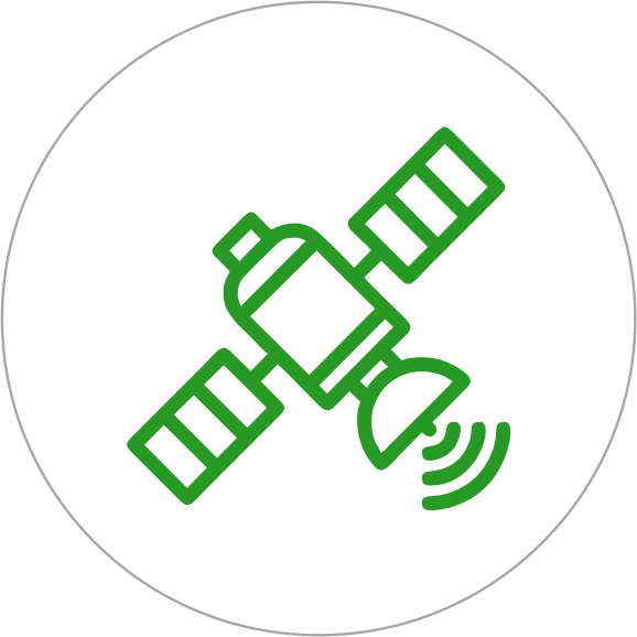 Icon of a satellite with solar panels and a signal wave, indicating satellite communication or GPS.