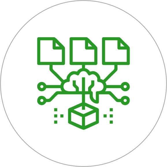 An icon of a cloud with a brain inside, connected to three documents above it and a cube below it, representing cloud computing or data processing.