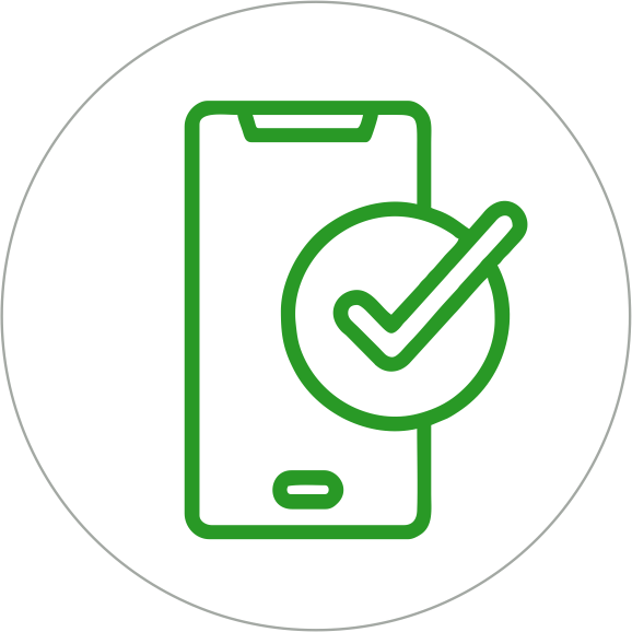 Line drawing of a smartphone with a checkmark inside a circle over the screen.