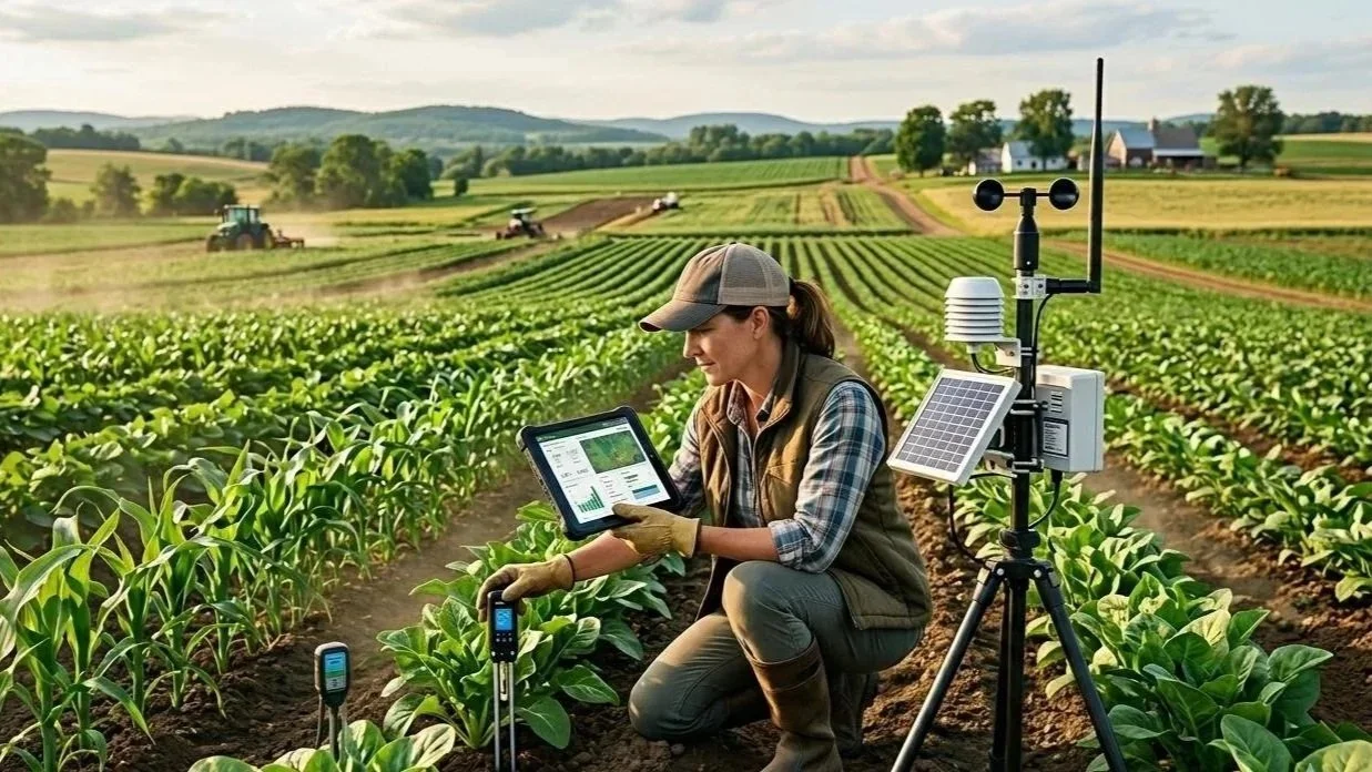 Farmer in a field using a tablet to monitor crops, surrounded by agricultural equipment and data collection devices, with a rural farmhouse and rolling hills in the background.