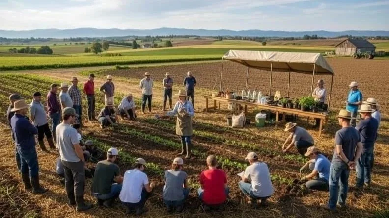 Group of people attending a gardening workshop or demonstration on a farm with a tent shelter and planting tools.