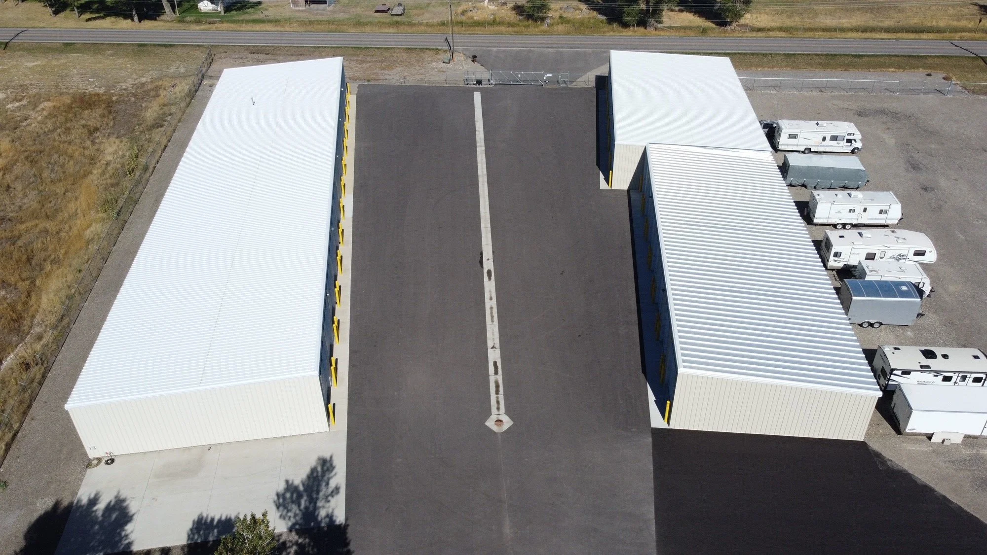 Paved drive between storage buildings at Prime Storage