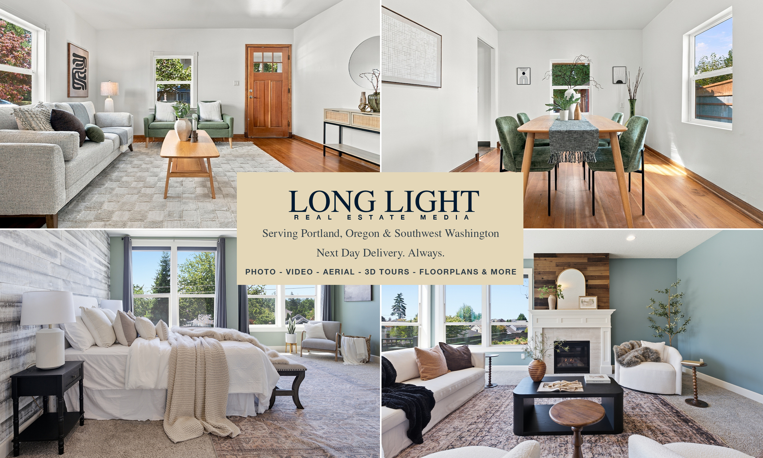 A collage of four interior home living spaces with large windows showing outdoor views. The spaces include a living room with a sofa and armchairs, a dining area with a wooden table and green chairs, a bedroom with a white bed and side table, and a living room with a fireplace and comfortable seating. The central overlay features the logo and contact information for Long Light Real Estate Media, serving Portland, Oregon, and Southwest Washington.