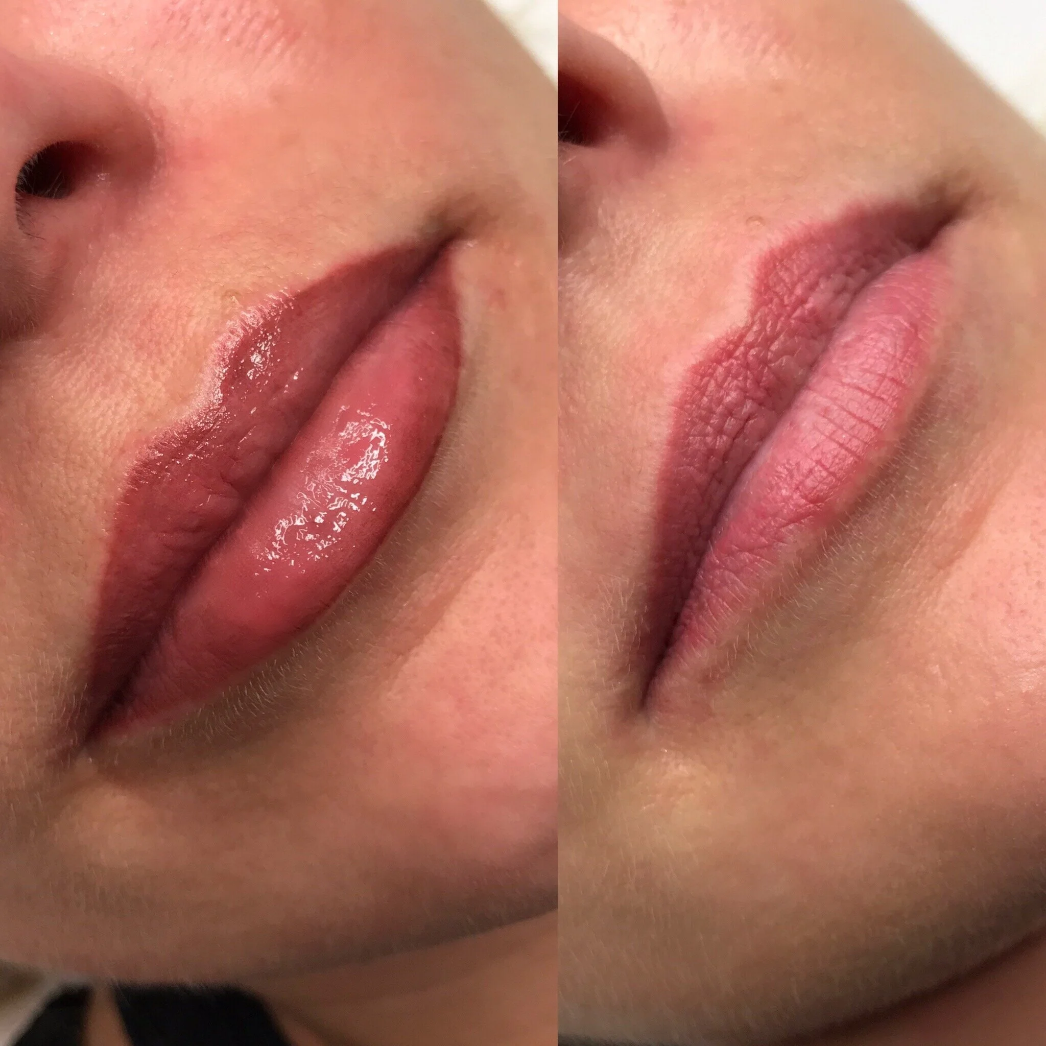 Lip blush before-and-after comparison from BE Brow Studio’s portfolio