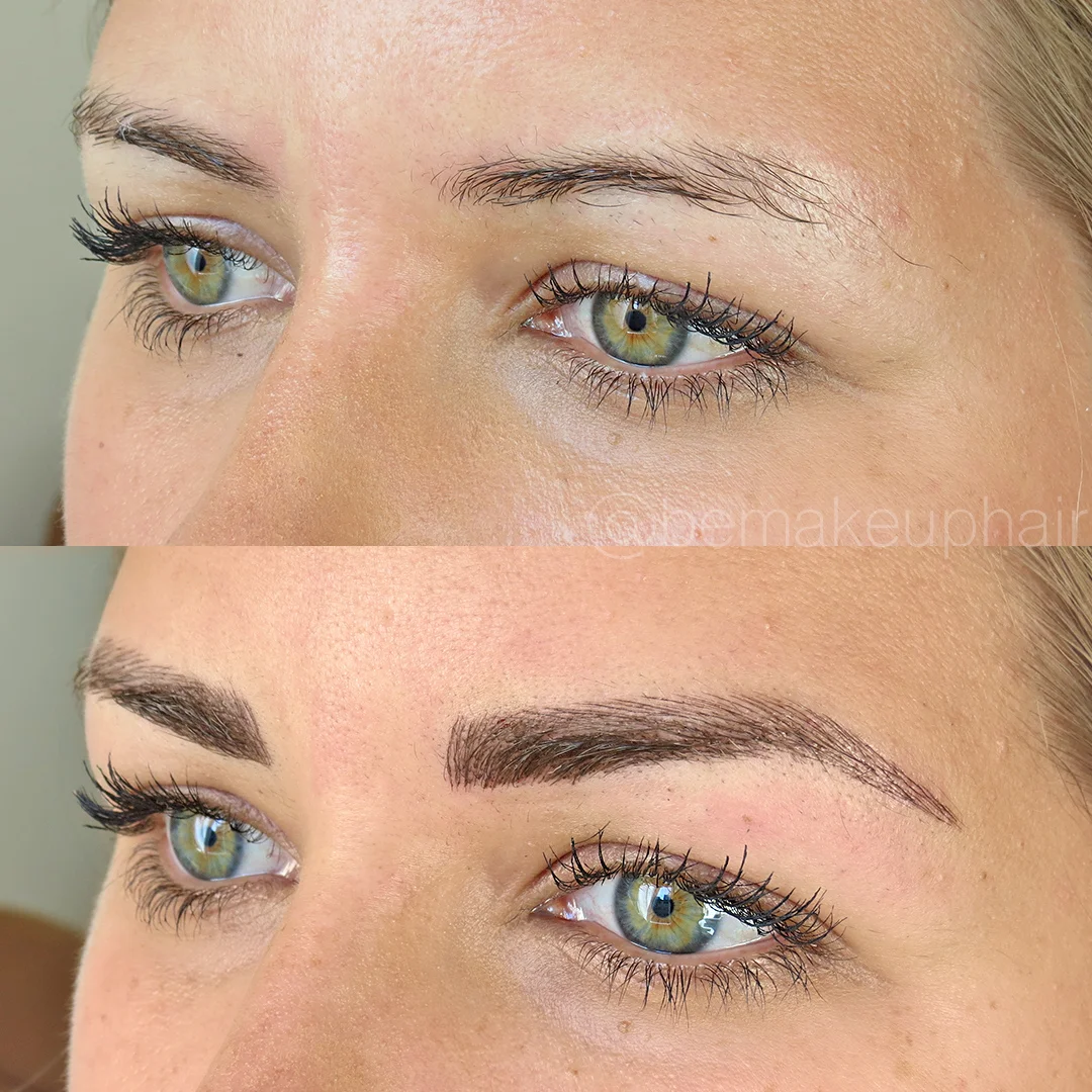 Brow tattoo before-and-after comparison by Brianna Errelat