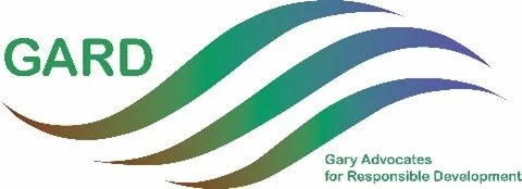 Logo with the word 'GARD' in green and wavy lines in green, brown, and blue, with the caption 'Gary Advocates for Responsible Development'.