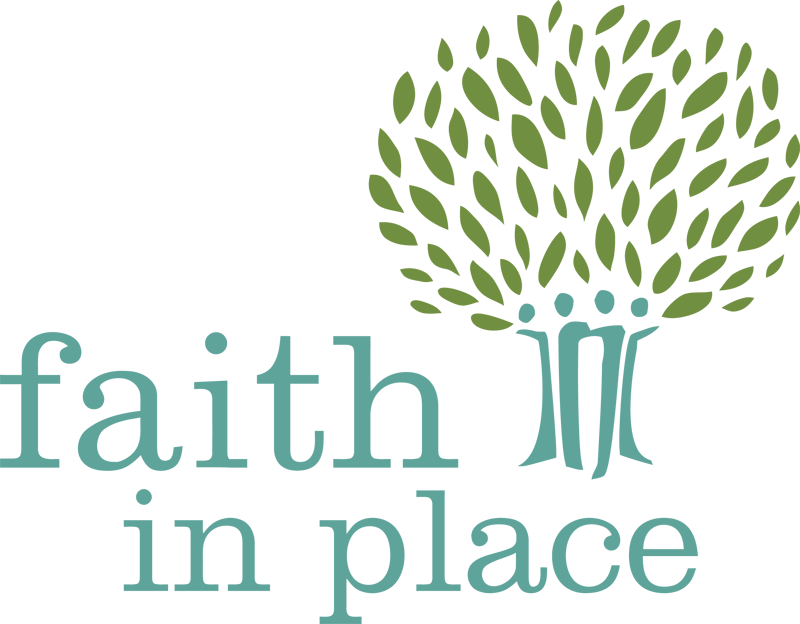 A stylized tree with green leaves and a blue trunk, alongside the text 'faith in place' in light blue font.