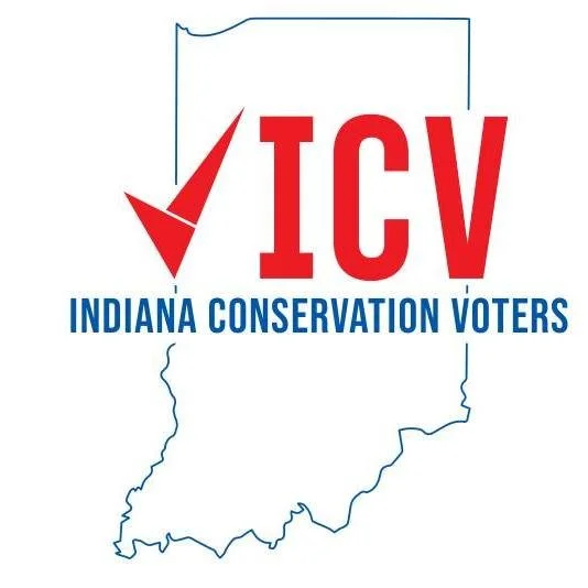 Outline of the state of Indiana with a red checkmark and the text 'ICV Indiana Conservation Voters'
