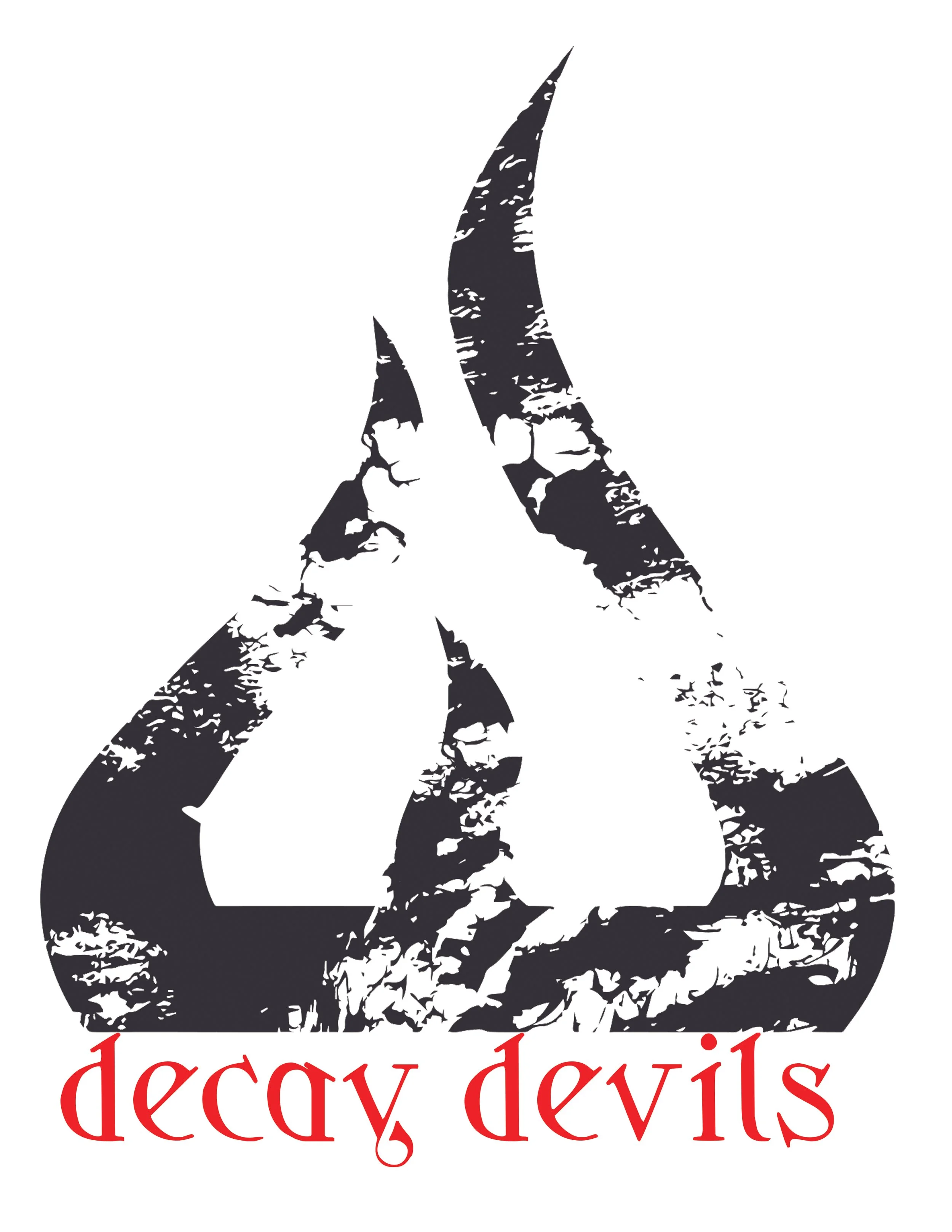 Black and white illustration of a pitchfork and scythe behind the phrase "decay devils" written in red, lowercase, stylized font with some letters turned upside down.