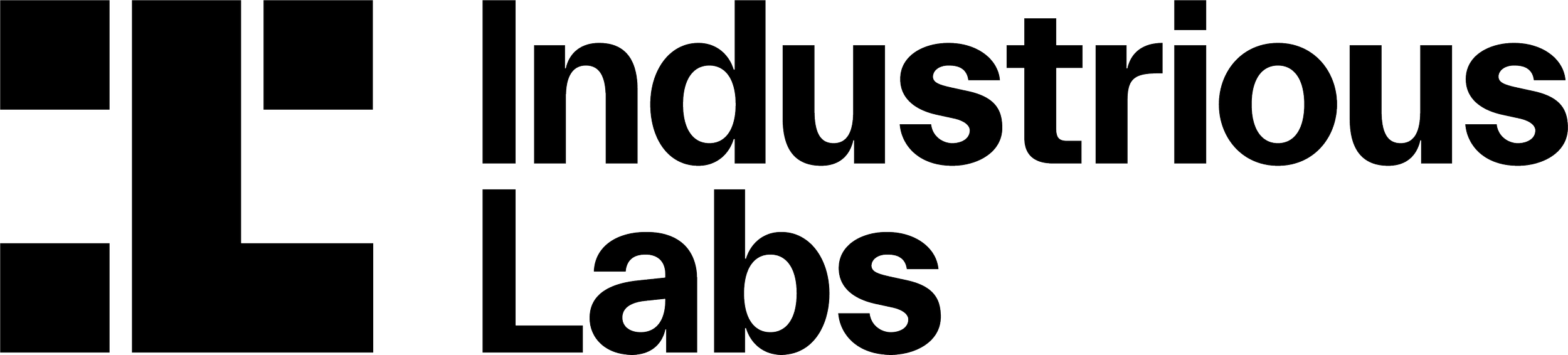 Logo for Industrious Labs, featuring geometric shapes and text in black and white.