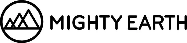 Mighty Earth logo featuring stylized mountains inside a circle