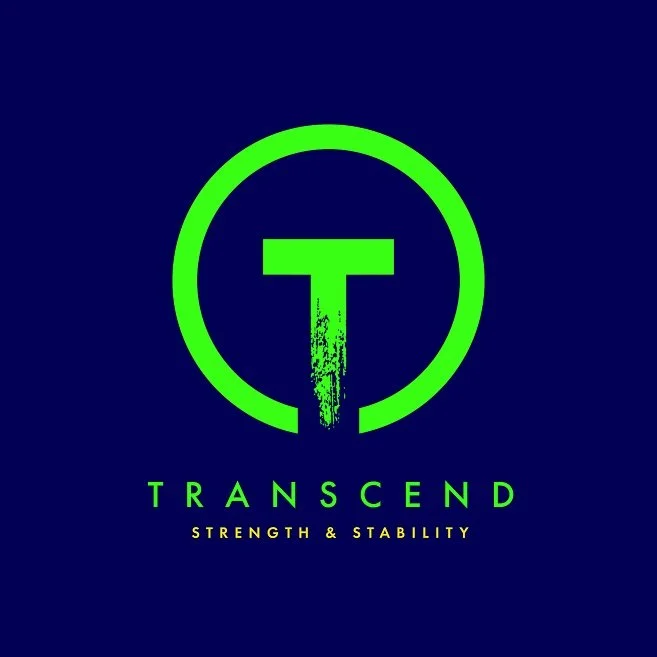 Logo with a green stylized letter T inside a circle, with the words 'TRANSCEND' and 'STRENGTH & STABILITY' below in green and yellow text.