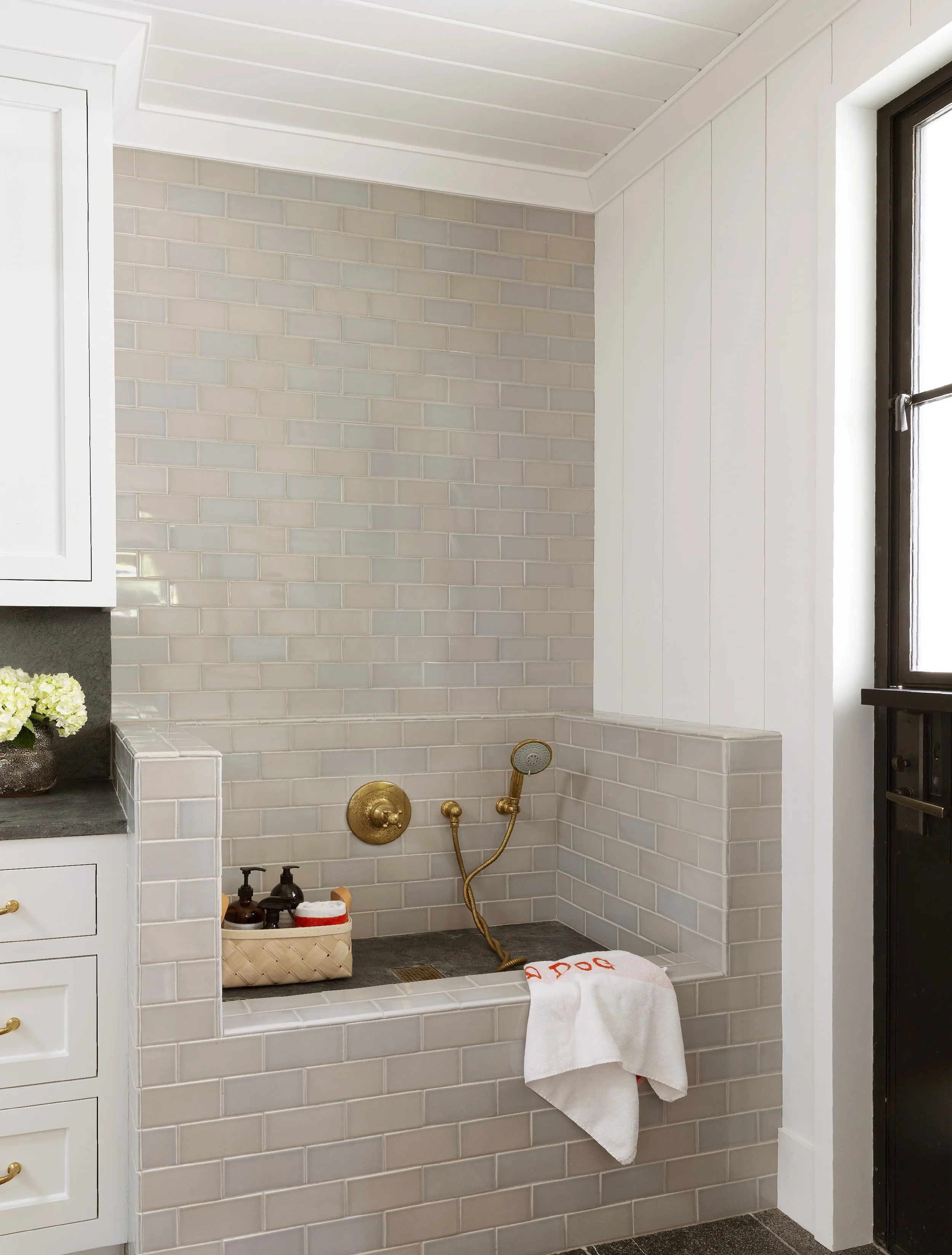 Dog wash with soft blue-green tile and a brass hand shower