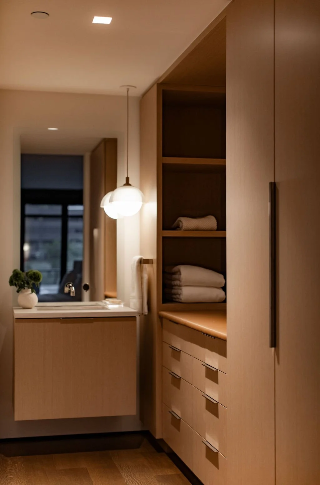 Linen closet with built-in oak shelves, folded towels and a globe pendant