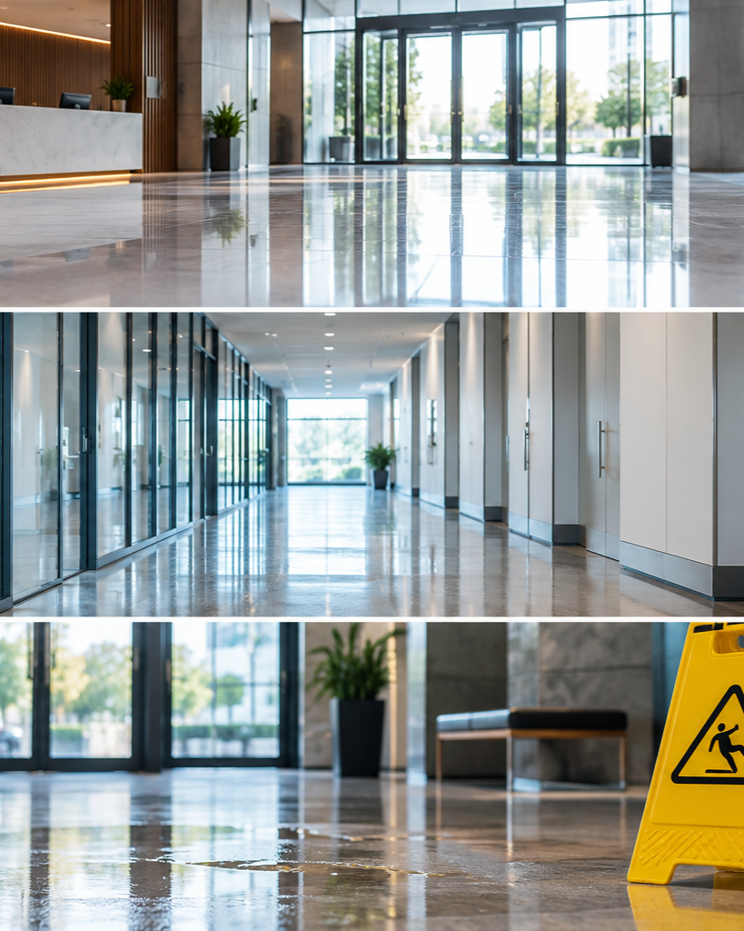 Modern hotel or office building lobby with large glass doors, polished floors, potted plants, and a caution wet floor sign.