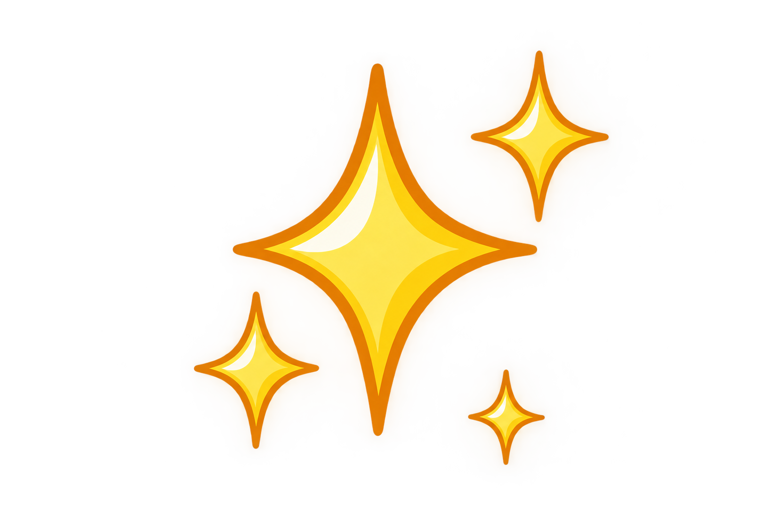 Four bright, animated star-shaped sparkles glowing with yellow and orange hues, with a glowing effect and soft shadows.
