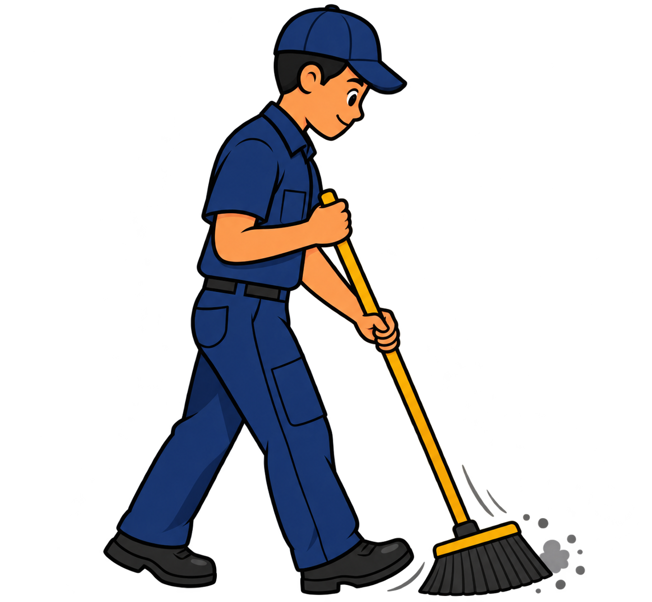Illustration of a boy in a blue uniform sweeping the floor with a broom.