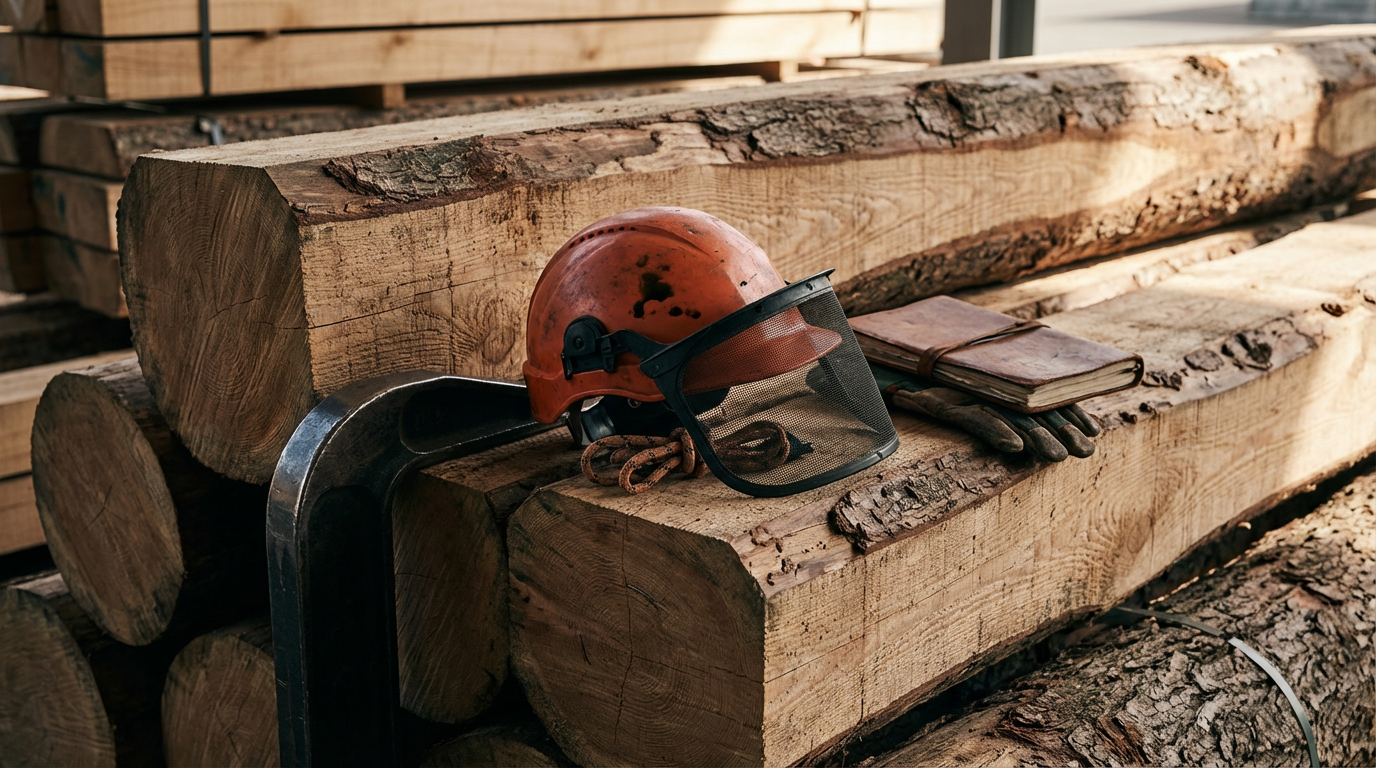 Stacked lumber beams with a safety helmet, gloves, and a notebook resting on top.