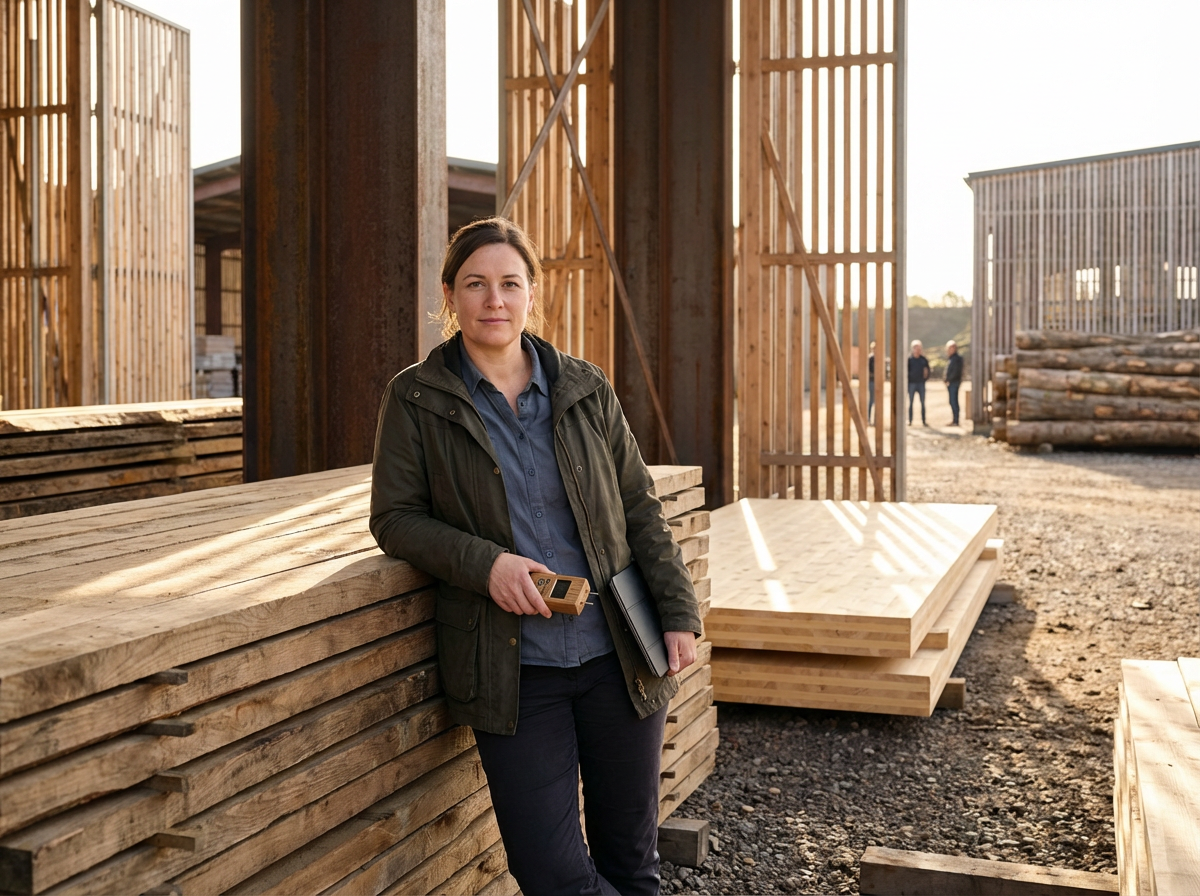 A woman standing next to a stack of wooden planks at a construction site during sunset, holding a tape measure and a folder.