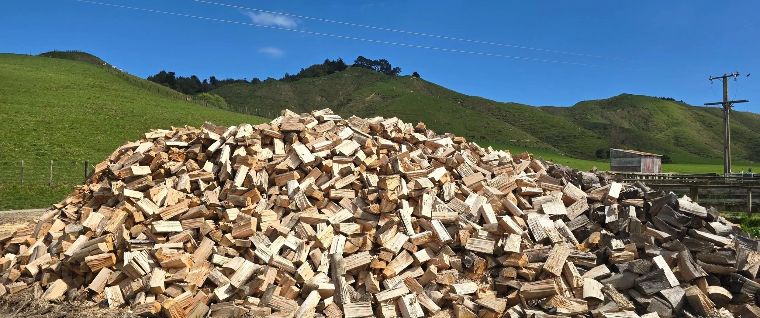 A large pile of chopped firewood in front of green rolling hills and a small wooden shed, under a clear blue sky with some clouds and power lines.