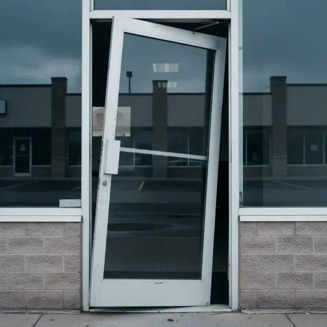 Commercial storefront door visibly sagging in its frame