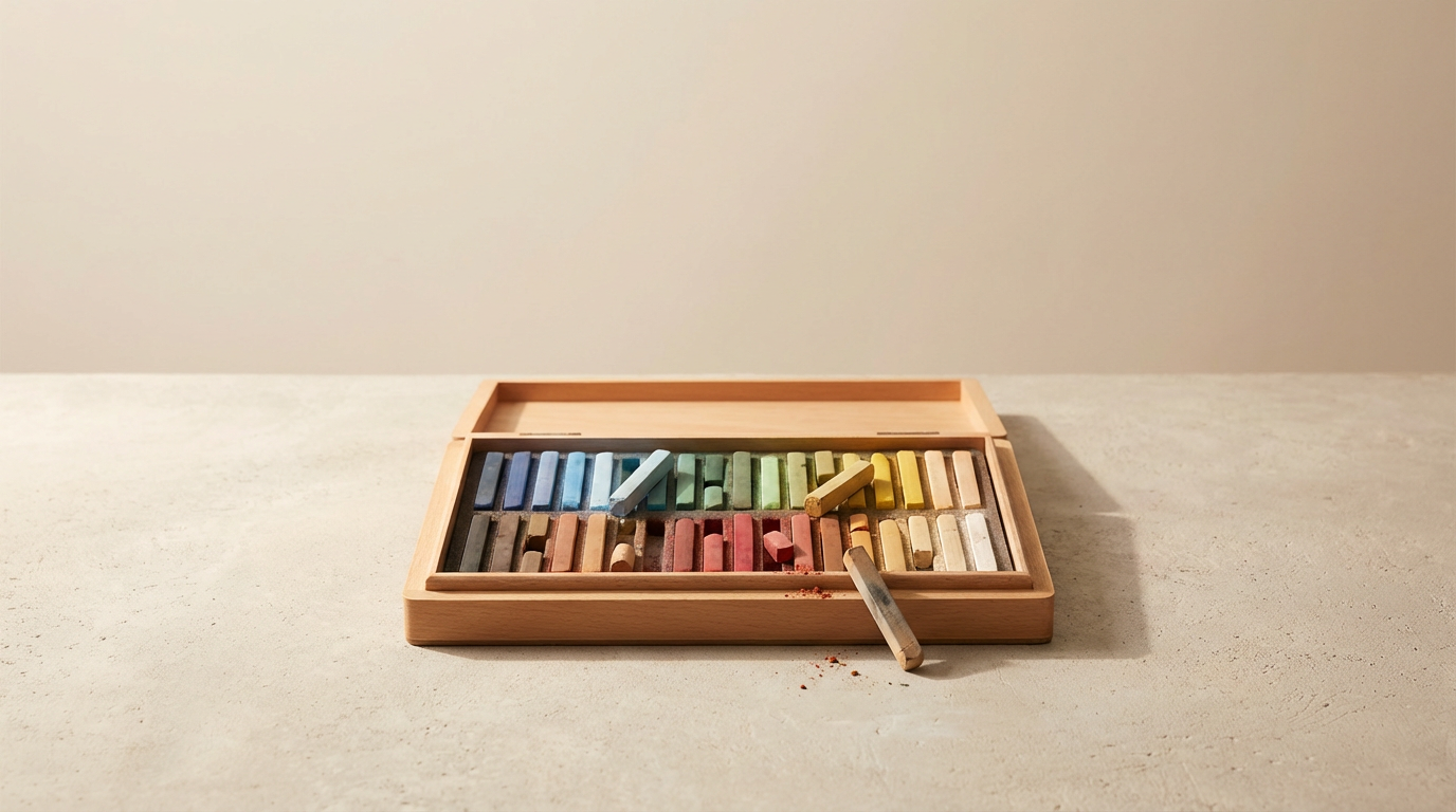 A set of colored chalks in a wooden box, with some chalks scattered on a light-colored surface.
