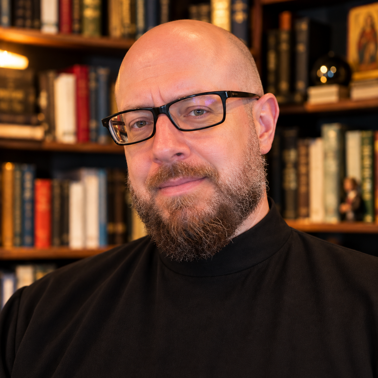 Portrait of Ryan Michael Lozano, founder and publisher of Lozano Books, wearing a black Orthodox cassock in front of bookshelves.