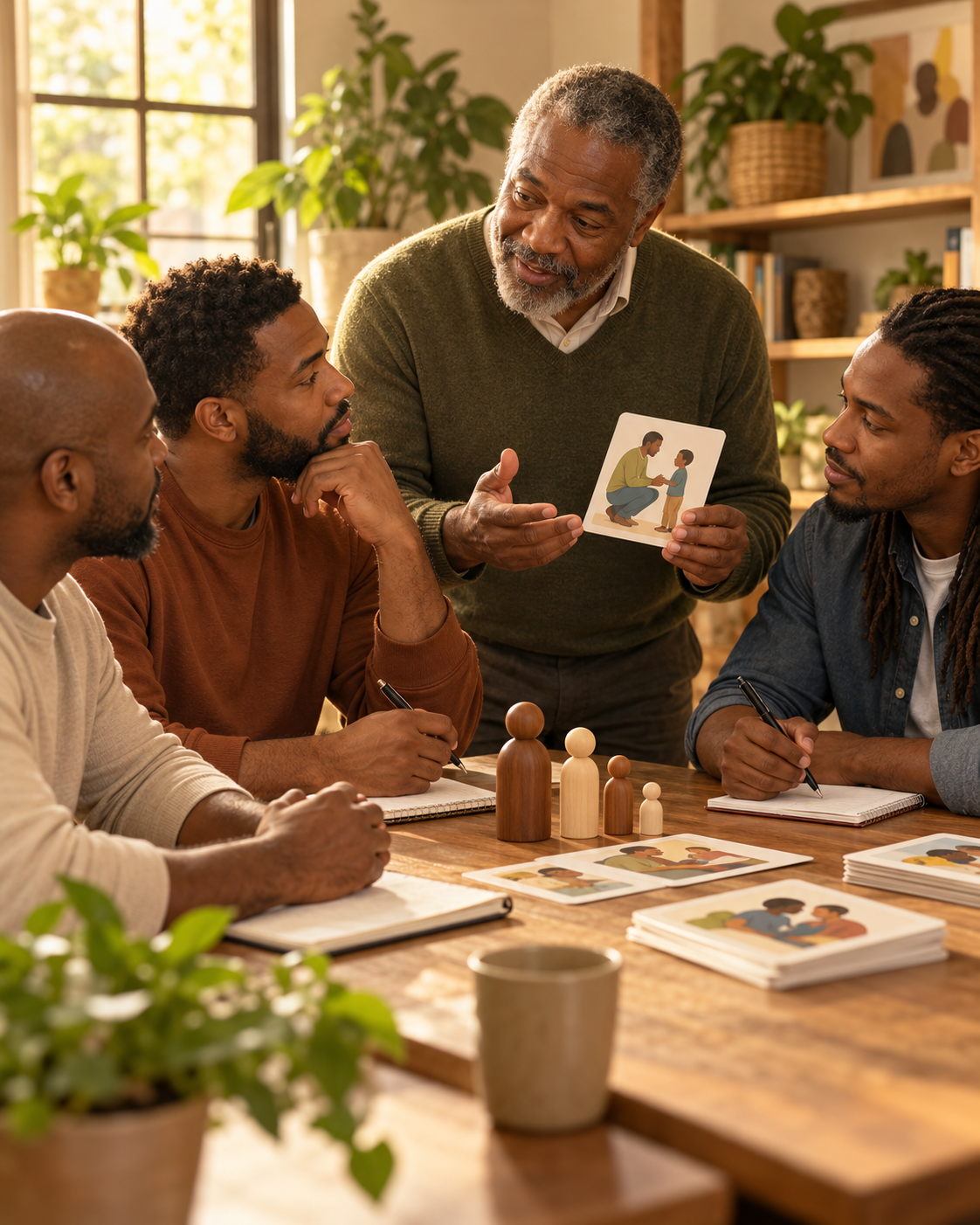 Multigenerational Black men in a workshop discussing illustrated family relationship cards around a table