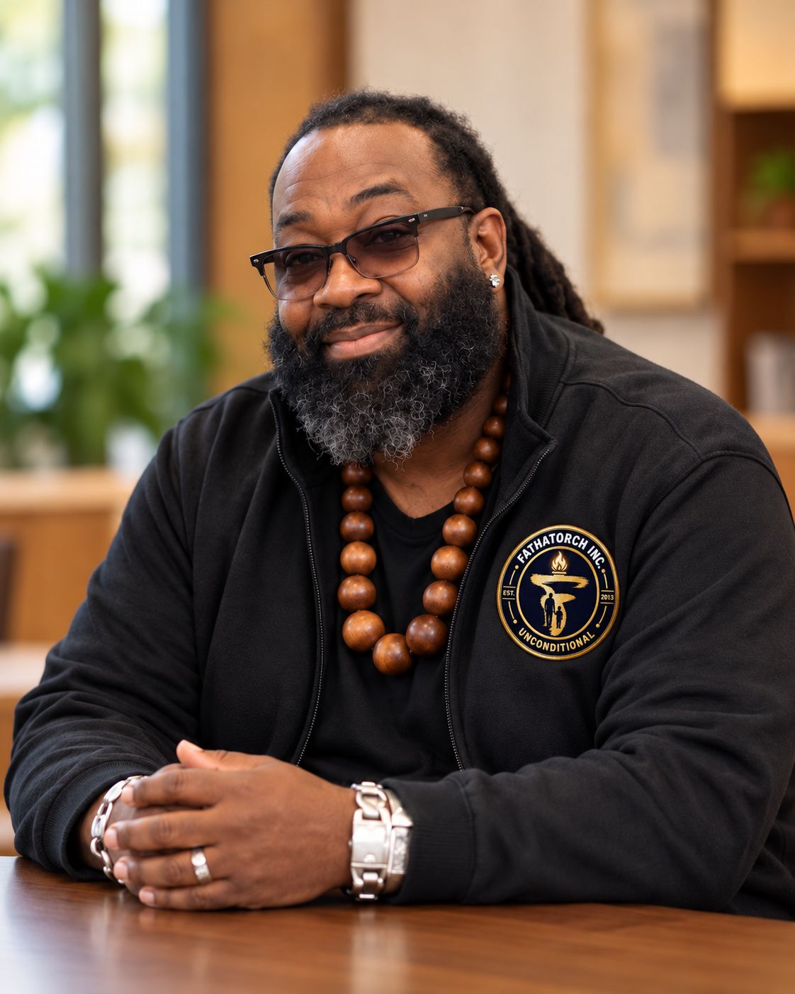 Smiling Black man with dreadlocks, sunglasses, beard, wooden bead necklace, and black jacket seated at a table indoors