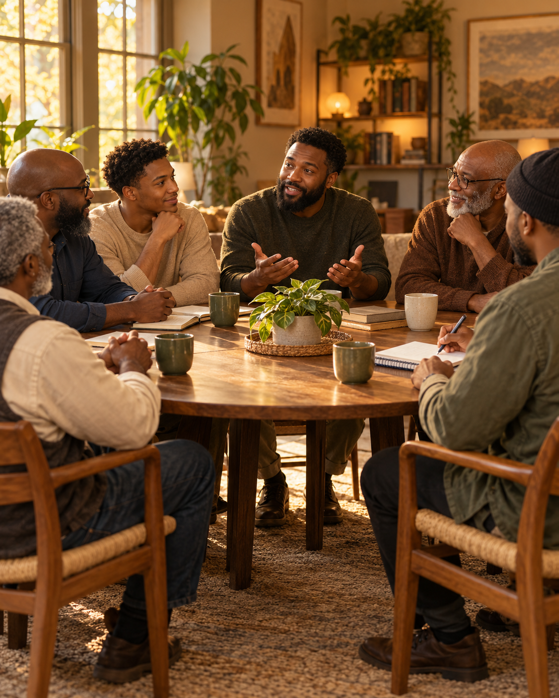 Diverse group of men having a discussion around a wooden table in a warm, plant-filled living room.