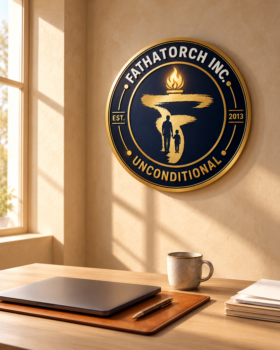 Gold and navy FaithTorch Inc. emblem on a sunlit office wall above a desk with a closed laptop, pen, coffee mug, and papers