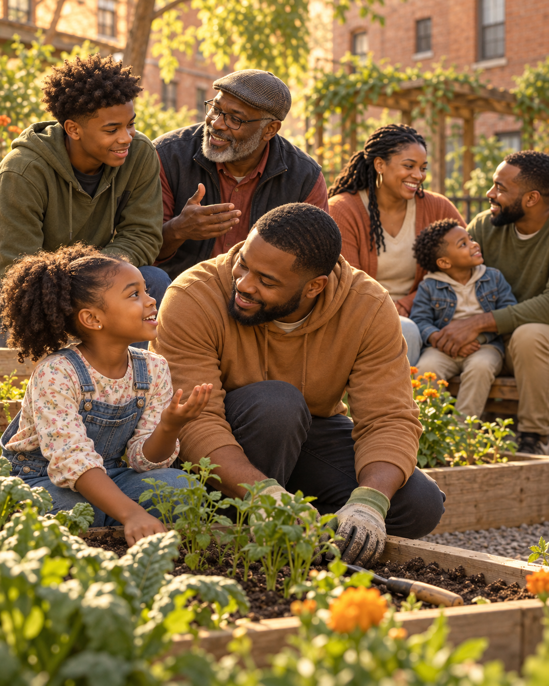 Multigenerational Black family gardening together in a sunny urban community garden