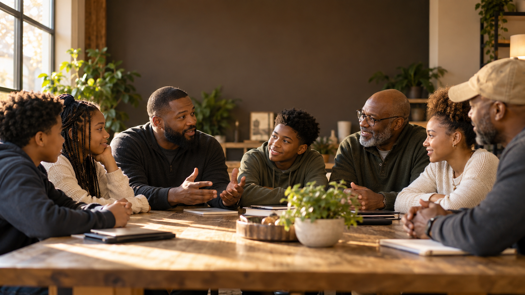 Multigenerational Black family having a conversation around a wooden table in a warm, sunlit living room