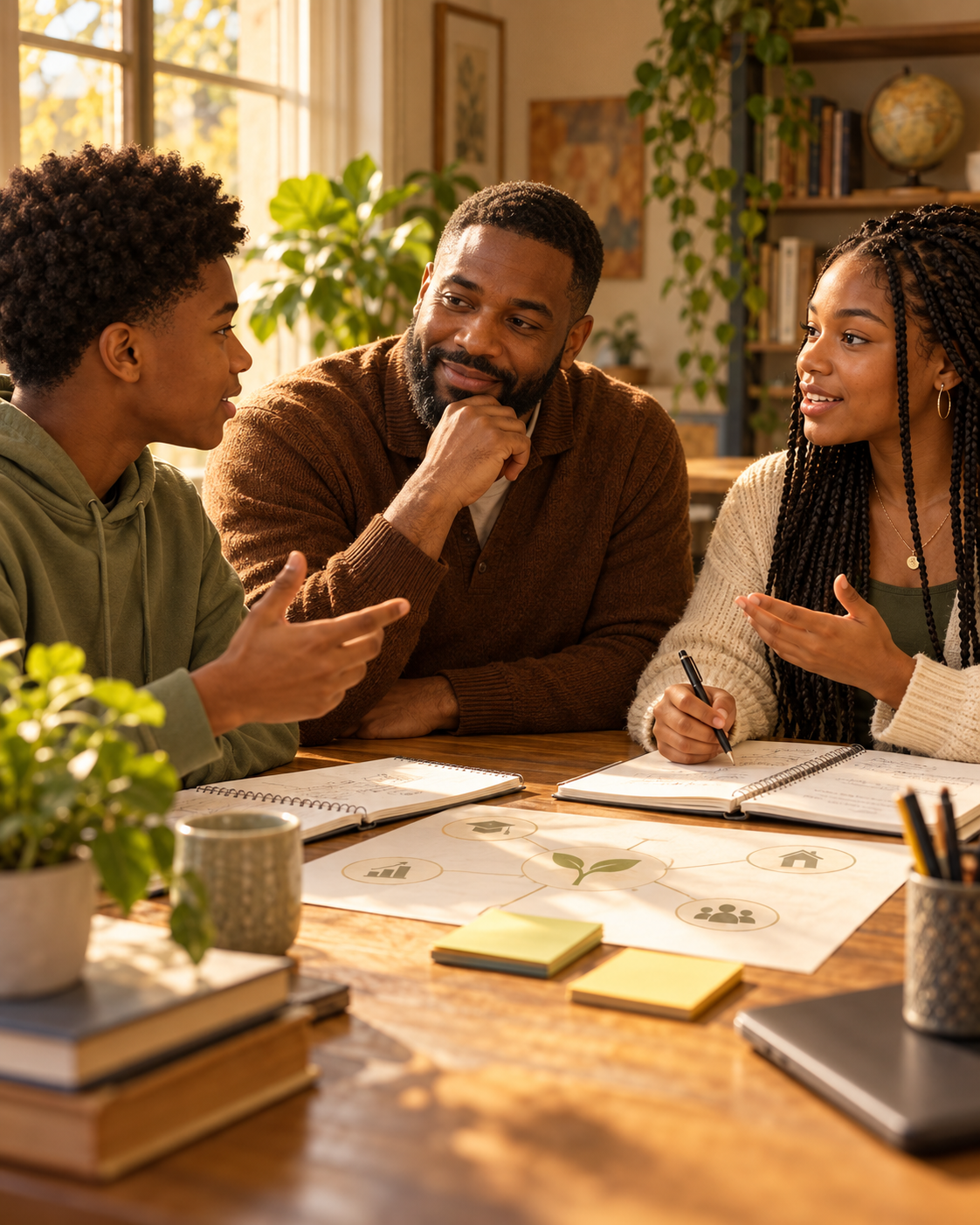 Three people collaborating around a table with notebooks and a sustainability planning diagram