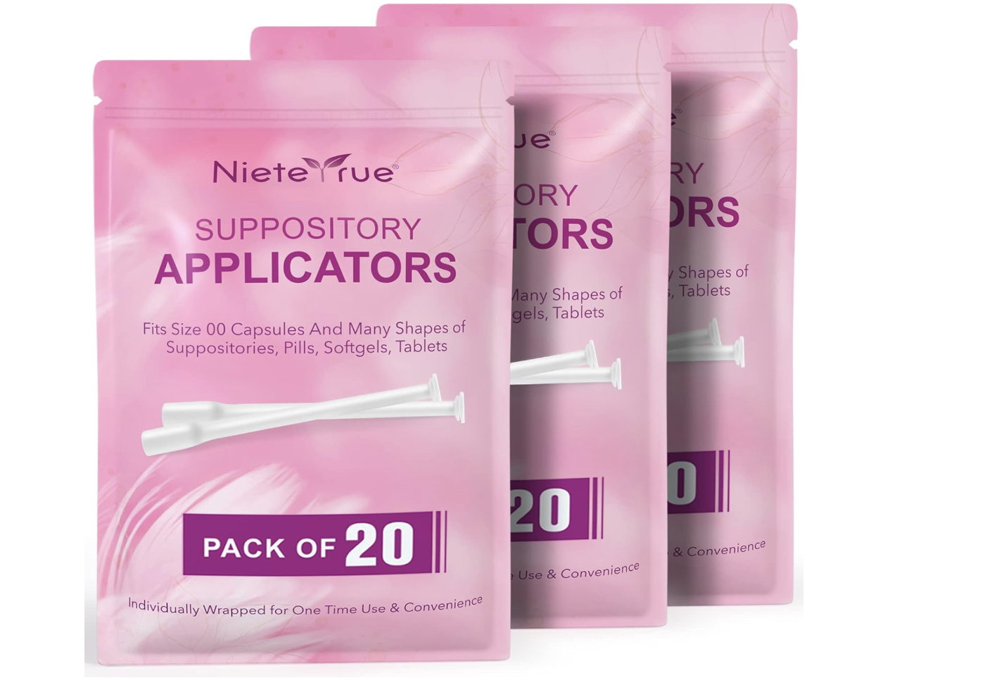 Three pink packages of Niete True suppository applicators, each containing 20 applicators, with white applicator illustrations and purple text.