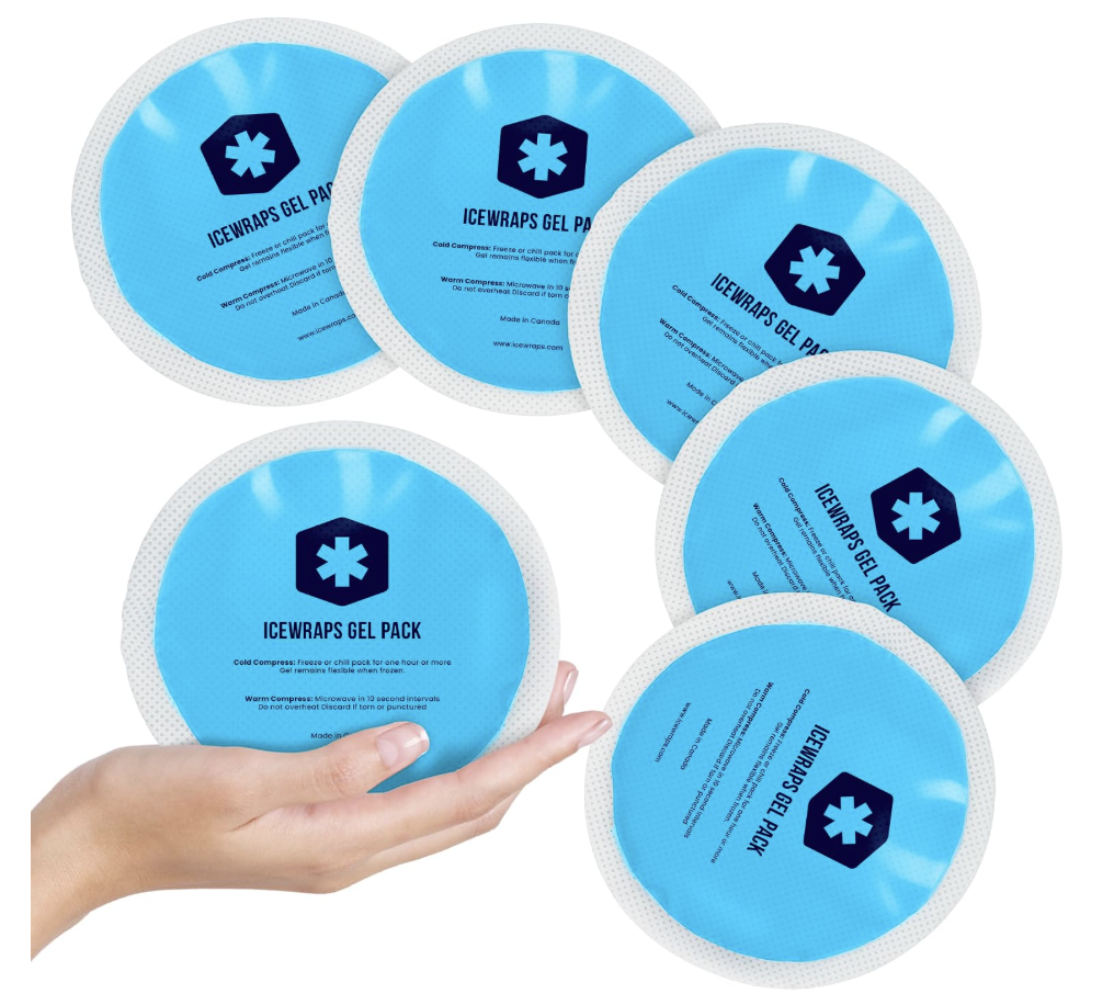 A hand holding a blue ice pack labeled 'Icewraps Gel Pack' surrounded by six additional similar packs.