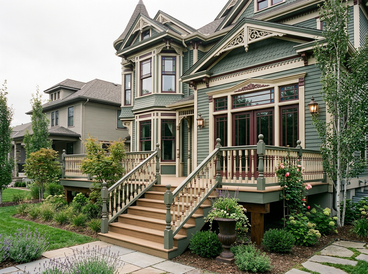 A Victorian-style house with a steep roof, large windows, and decorative trim, featuring a wooden front porch with steps and railings, surrounded by landscaped garden with plants and flowers.