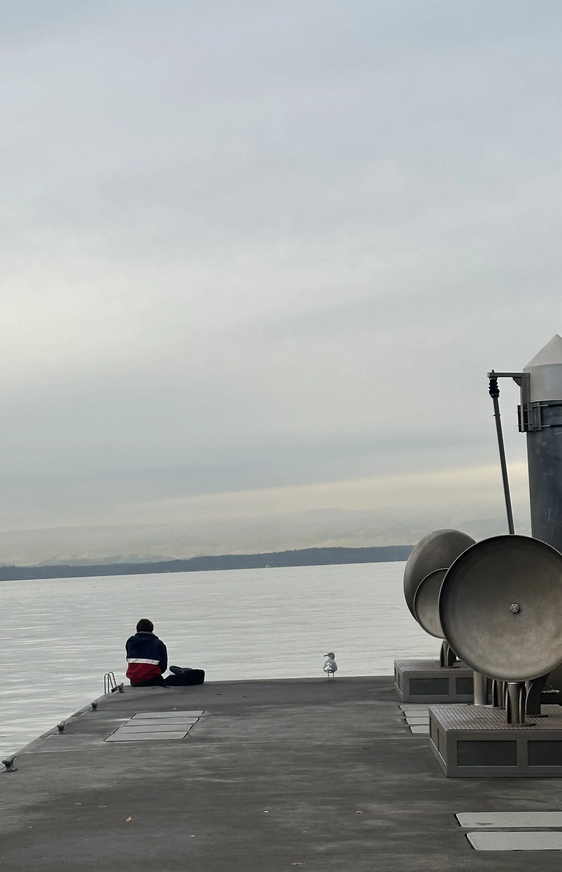 Person sitting on a waterfront dock under an overcast sky.
