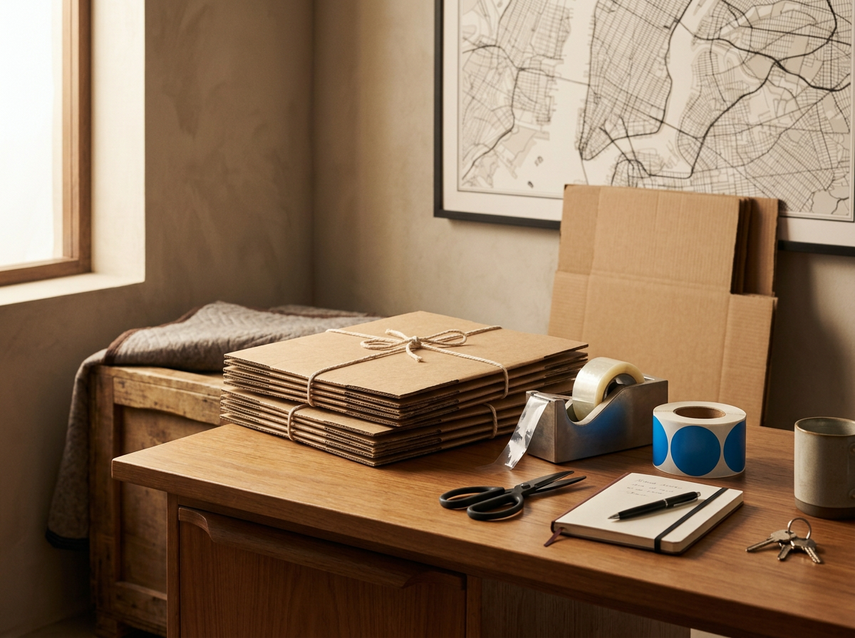 Moving preparation with cardboard boxes and packing supplies on a desk.